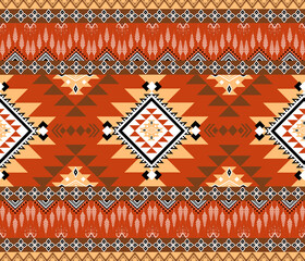 Abstract geometric ethnic fabric pattern, pixel style, full fabric pattern, orange, brown, for textile, cloth, clothes, curtains, carpets, pillows, vector illustration.