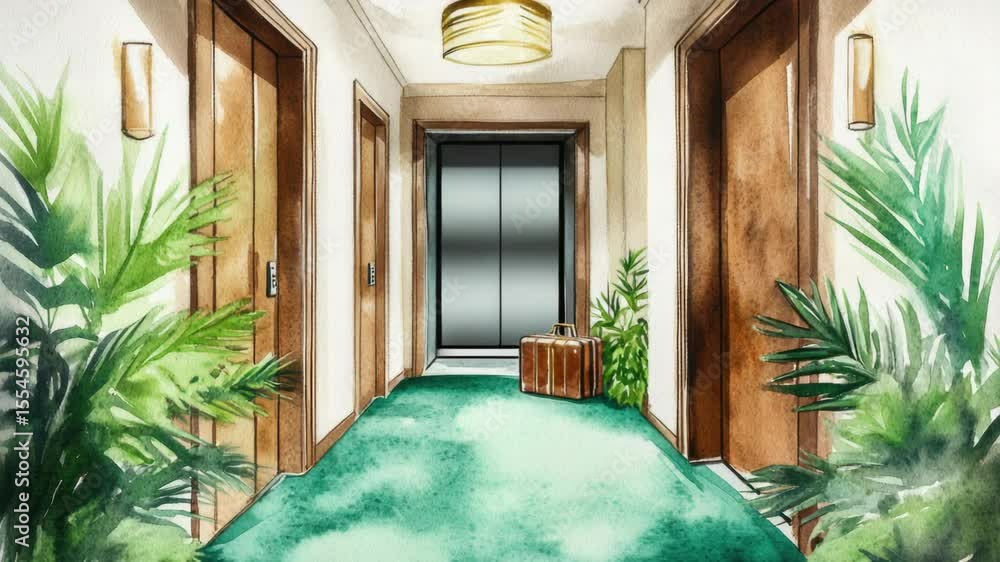 Poster a painted scene of a hallway with a green carpet, suitable for use in interior design or architectur