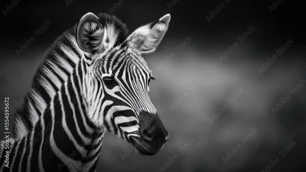 Poster a close-up shot of a zebra's face in monochrome tones, suitable for editorial or commercial use