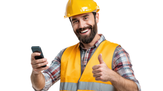 Happy Construction Worker: A smiling construction worker in a yellow hardhat and safety vest gives a thumbs-up while looking at his smartphone.  He's clearly pleased with the progress of his project. - Powered by Adobe