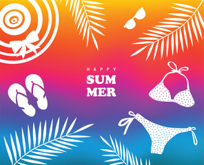Happy summer gradient vibrant rainbow background. Vector summer holiday icons isolated on bright motion rainbow background with copy space for text.