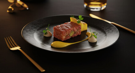 Gourmet Beef Tartar Dish with Polenta Yellow Sauce and Herbs on Black Plate