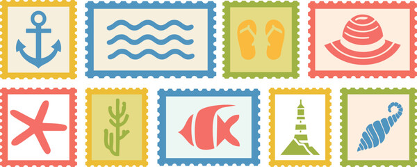 Vintage summer vacation postcard stamp set. Italian Hand drawn travel postage. Vector retro frame label border element design, amalfi badge, lemons, tomato, seashell.