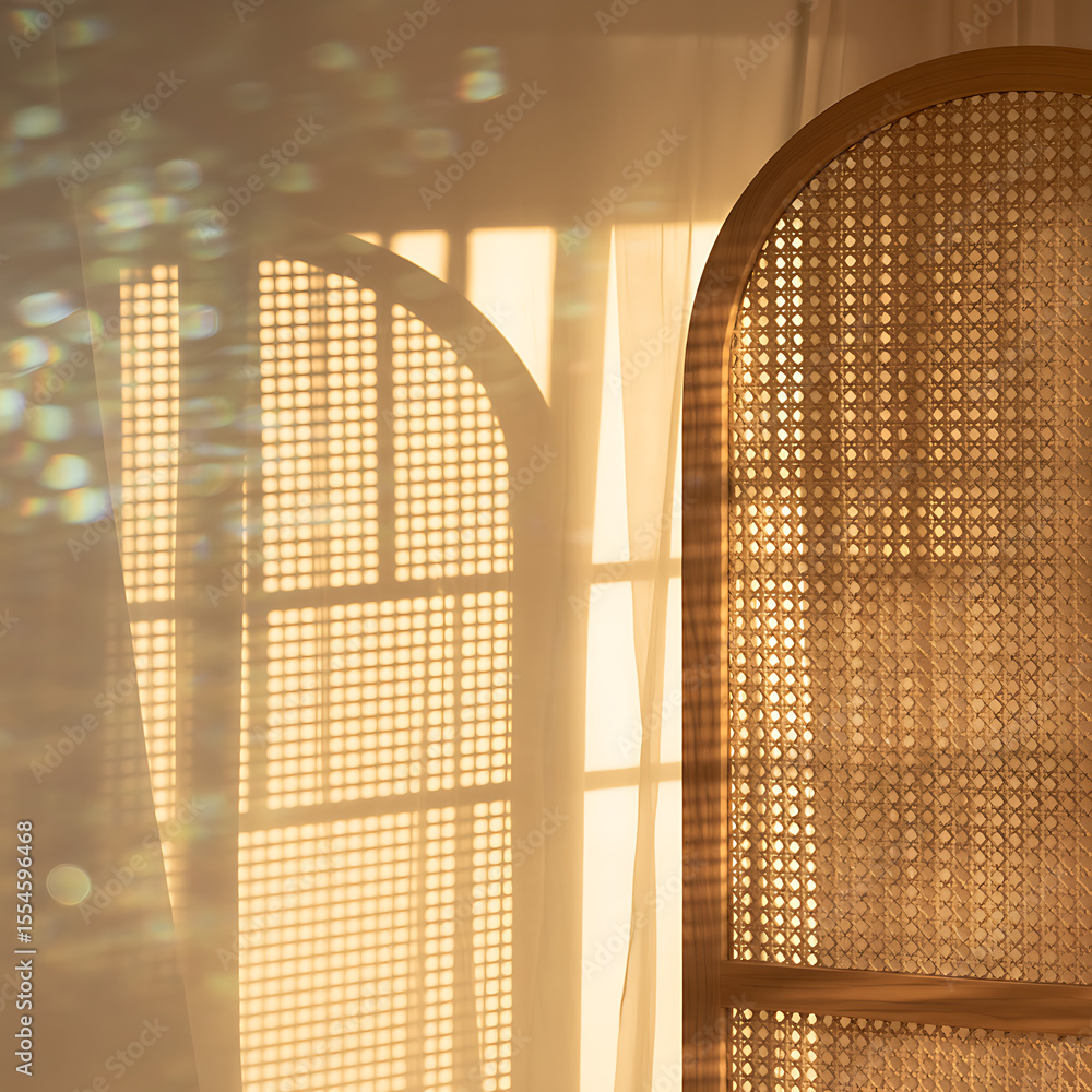 Poster a close up of a rattan chair with sunlight streaming through a window creating shadows