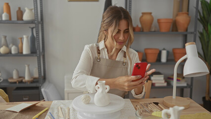 Woman wearing apron taps smartphone with fingers in pottery studio; creativity focus inspiration craftsmanship.
