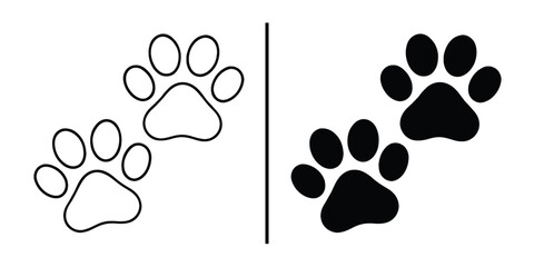 Fototapeta premium Paw Prints Illustration: An image of paws illustrates, depicting an animal's footprints with two distinct styles: one outlined and the other filled, offering versatility for design projects.