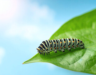 Fototapeta premium Colorful Caterpillar Crawling on a Green Leaf Against a Blue Sky