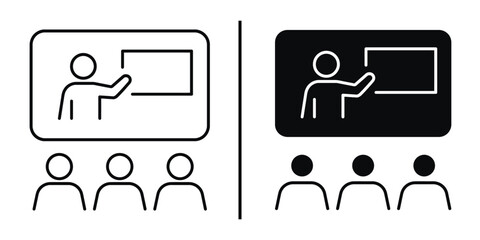 Presentation Graphics: Line art depicts a speaker presenting to an audience. A speaker presents, and people listen.