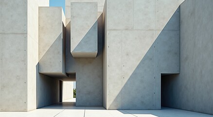 Abstract architectural composition featuring geometric concrete structures and strong shadows.