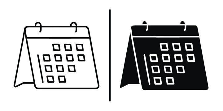 Calendar Icon Set: Two graphic icons, one featuring a line art design and the other a solid fill, represent a calendar, ideal for symbolizing time management, reminders, or scheduled events.