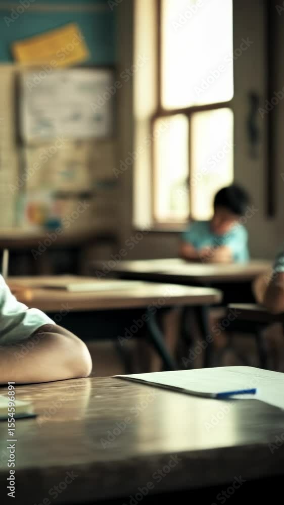 Poster young pupil sitting at a school desk, carefully writing in a notebook with a blue pen, focusing inte