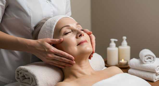 Relaxing facial massage performed in spa setting. Elderly woman enjoys skin care therapy, combining dermatology and beauty procedures for healthy skin. Anti-aging massage for senior woman face - Powered by Adobe