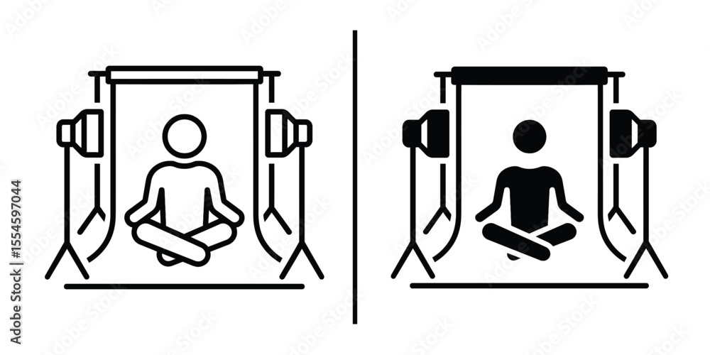Poster studio setup concept: a side-by-side artistic representation shows a minimalist, monochromatic studi