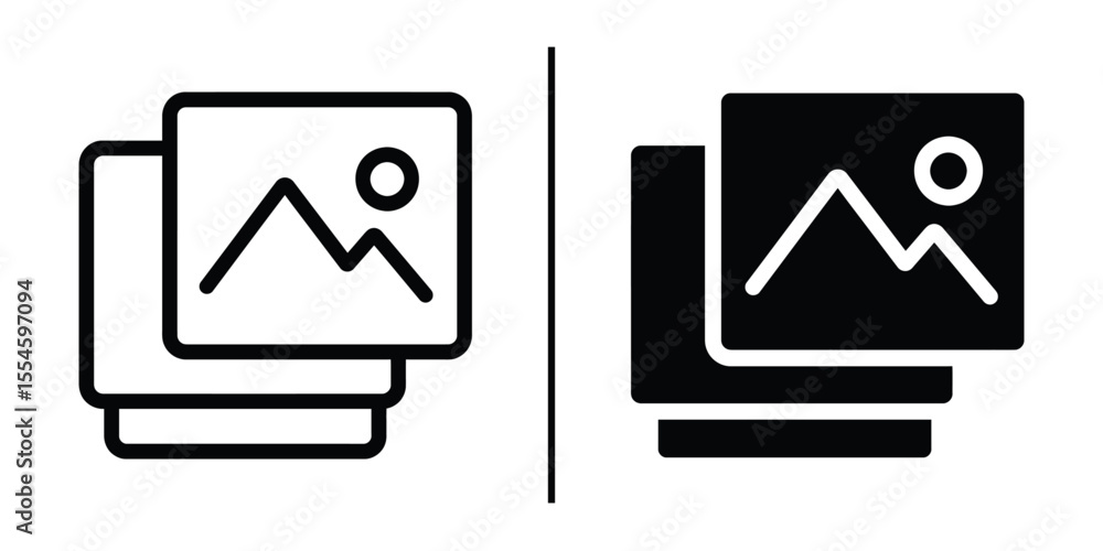 Poster image stack icon: minimalist graphic of layered image icons, one in outline style and another in sol