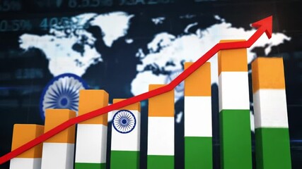 Indian flag colored bars with red arrow and world map background showing economic growth - Powered by Adobe