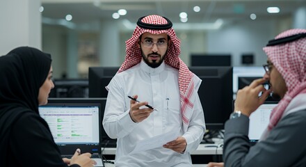 Arab Business Professionals Collaborate on Project in Modern Office