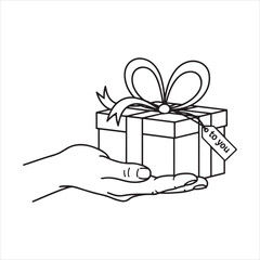Hand Holding Gift Box Outline – Present with Ribbon and Tag Clipart