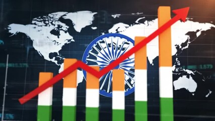 Indian flag colored bars with a downward red arrow over a world map and chakra symbol background - Powered by Adobe