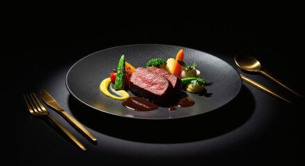 Gourmet Beef Steak Dinner Elegant Plated Meal with Roasted Vegetables and Sauce