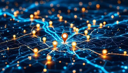 Background of Digital map with glowing location markers highlighting urban areas and streets.
