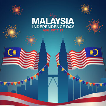Happy Malaysia Independence Day August 31st with towers shilouette Malaysia flag and fireworks on night background