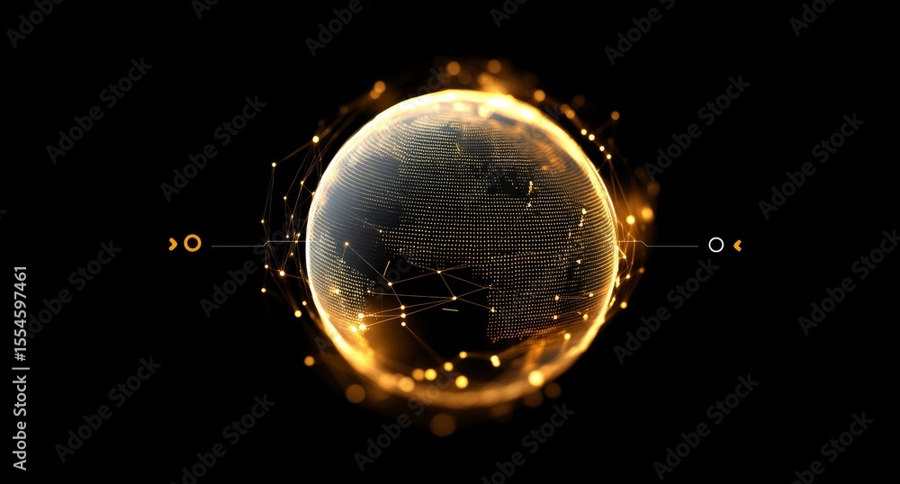 Poster the image features an elegant golden world map on a black background, encircled by glowing circular 