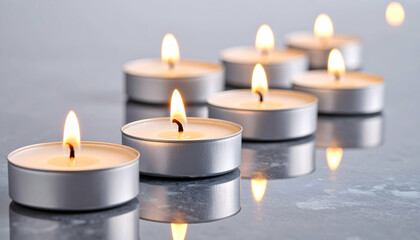 Burning Tealight Candles Arranged on Gray Reflective Surface, Warm Light
