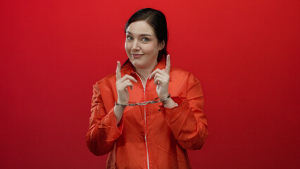 Woman wearing orange jumpsuit and handcuffs against a red background, expressing various emotions,...