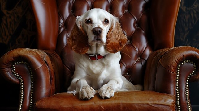 armchair Clumber Spaniel sitting regal on vintage leather