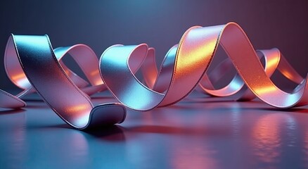 Iridescent ribbon gracefully cascades, reflecting vibrant colors on a reflective surface, moody