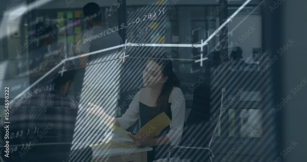 Poster female professional pointing at monitor and flipping folder as animated graphs showing tech metrics
