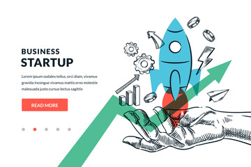 Hand holding flying rocket and growing arrow. Vector illustration. Business startup launch, marketing strategy concept