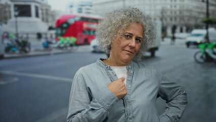 Woman standing on urban street with grey hair, wearing casual clothes, amidst city traffic...
