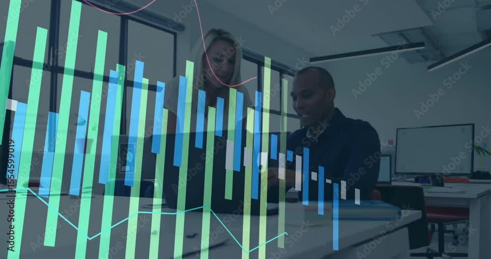 Poster office colleagues pointing at laptop activating animated bar chart updating in business meeting