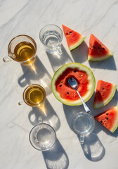 Slices of watermelon with visible seeds, small glass cups with water or tea, and a reflective spoon resting inside a hollowed melon half.