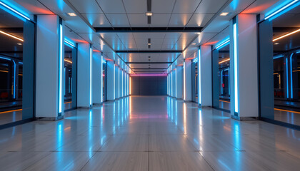 Fototapeta premium Futuristic hallway with illuminated vertical blue lights and reflective floor creating vibrant and modern atmosphere
