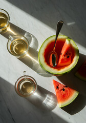 Slices of watermelon with visible seeds, small glass cups with water or tea, and a reflective spoon resting inside a hollowed melon half, arranged on a sunlit white marble tabletop during golden hour.