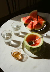 Slices of watermelon with visible seeds, small glass cups with water or tea, and a reflective spoon resting inside a hollowed melon half.