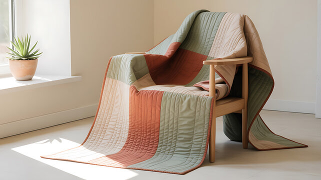 Colorful quilt draped over a wooden chair.
