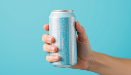 Cold beverage can with condensation held by hand on blue background refreshing drink thirst quenching