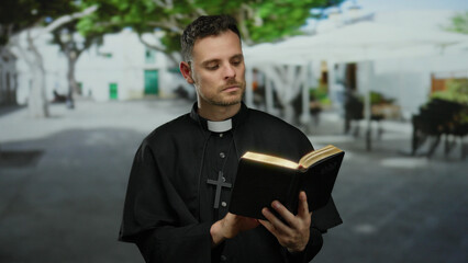 Priest holding book in outdoor city setting with trees and architecture captured in a vivid street...