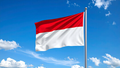 Indonesia Flag Red and White Stripes. Fluttering Red and White Flag Against a Bright Blue Sky