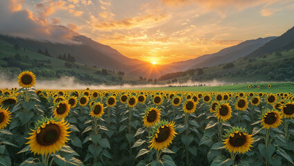 Fototapeta premium Sunflower Field at Sunrise in a Mountain Valley