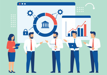 Business data analysis, financial team presentation, corporate strategy meeting, growth statistics chart, digital marketing plan, teamwork collaboration, performance report discussion, success metrics