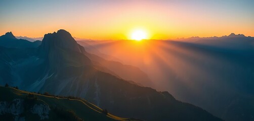 Sunrise paints soft light on majestic mountain peaks, creating a serene landscape ideal for tourism,  calm,  view