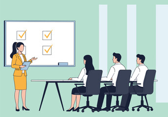 Business presentation meeting, corporate training session, professional speaker, checklist on whiteboard, office seminar, employee development, team learning, strategy planning