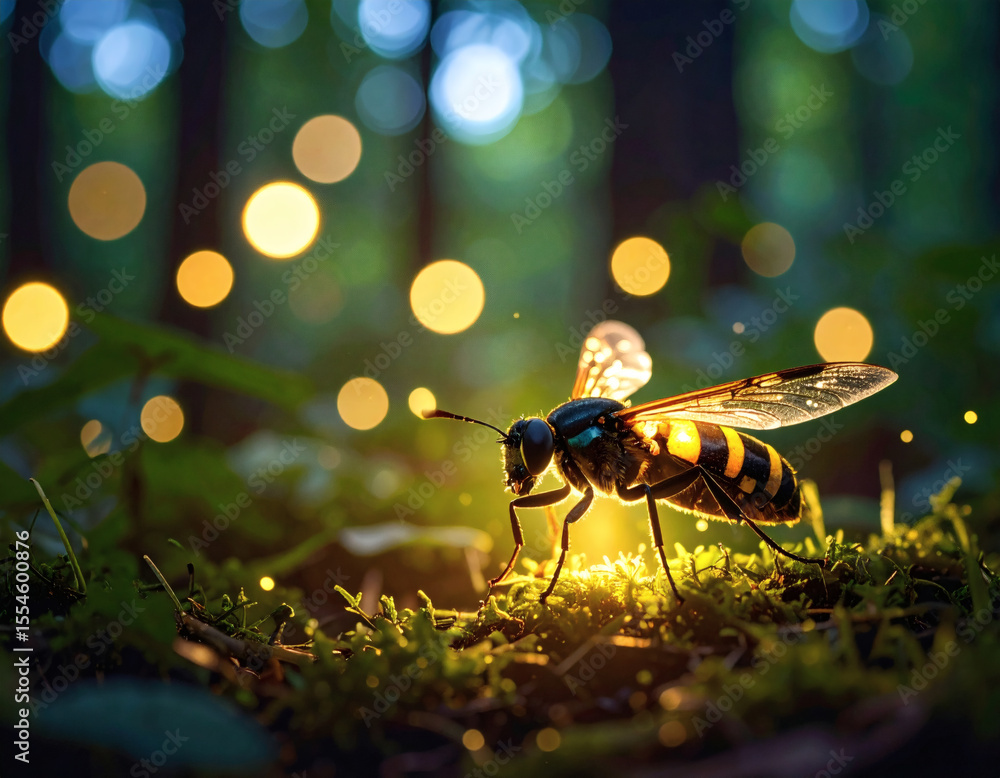 Poster close-up of a colorful insect on green moss with soft bokeh lights