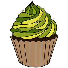 Matcha Greentea Chocolate Cupcake Vector Illustration with Sweet Toppings and Bakery Style Design