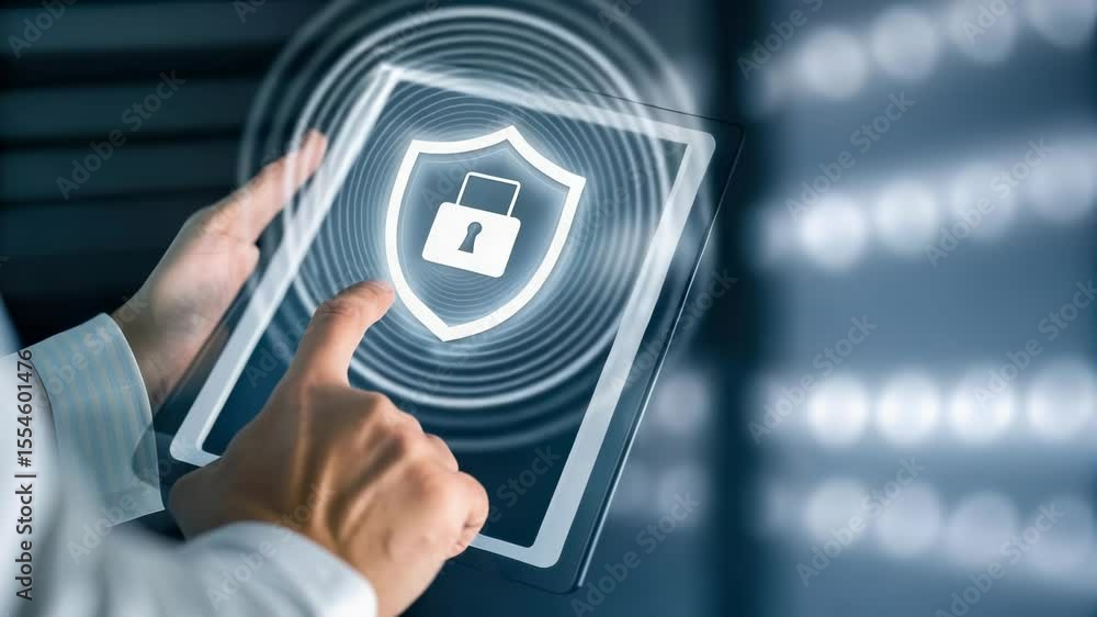 Poster person interacts with digital security interface on touchscreen, symbolizing cybersecurity, data pro