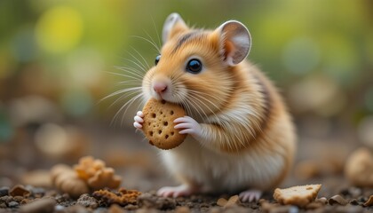 Obraz premium Adorable Hamster Eating a Cookie – Cute Pet Enjoying Snack in Natural Outdoor Setting, Capturing Sweetness, Charm, and Wholesome Animal Moments
